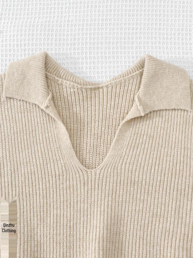 Women's High-End Deep V-Neck Knitted Sweater Tank with Turn-Down Collar