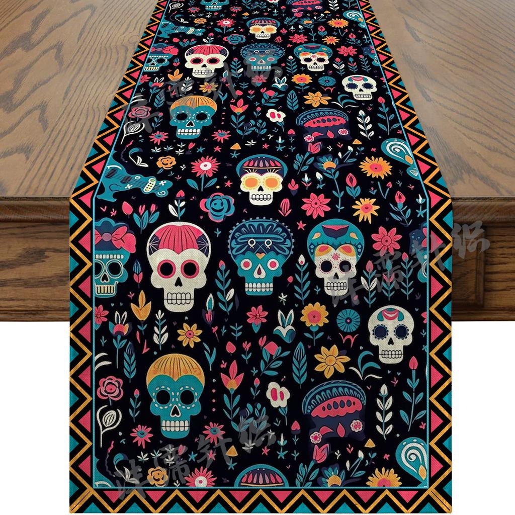 Halloween Table Runner Faux Linen Long Strip Day of the Dead Christmas Holiday Dining Decor
