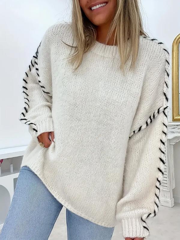 Women's Loose Casual Solid Color Round Neck Pullover with Drawstring Design – Slimming Long Sleeve Knit Sweater