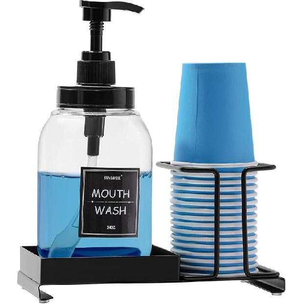 Mouthwash Dispenser for Bathroom,Mouth Wash Pump Bottle with Stainless Steel Cup Holder,24 OZ Refillable Clear Mouthwash Container,BPA Free,Black