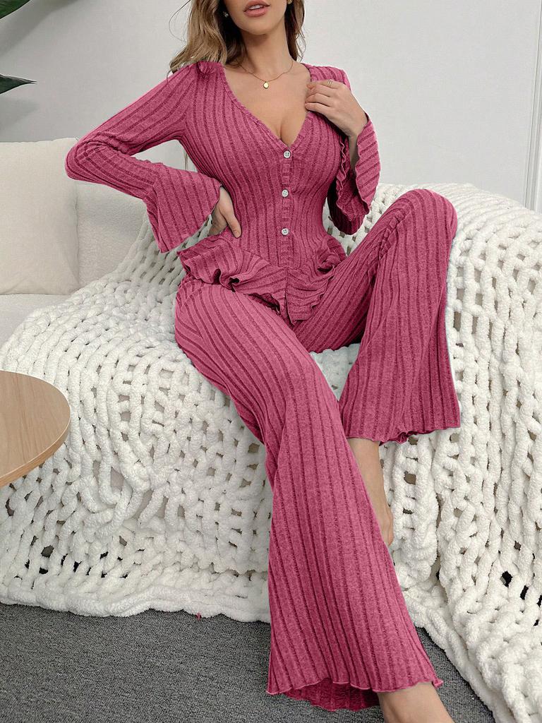 Damen V-Ausschnitt Cardigan mit Rüschen-Glockenärmeln Langarm-Schlafanzug-Set mit langer Hose