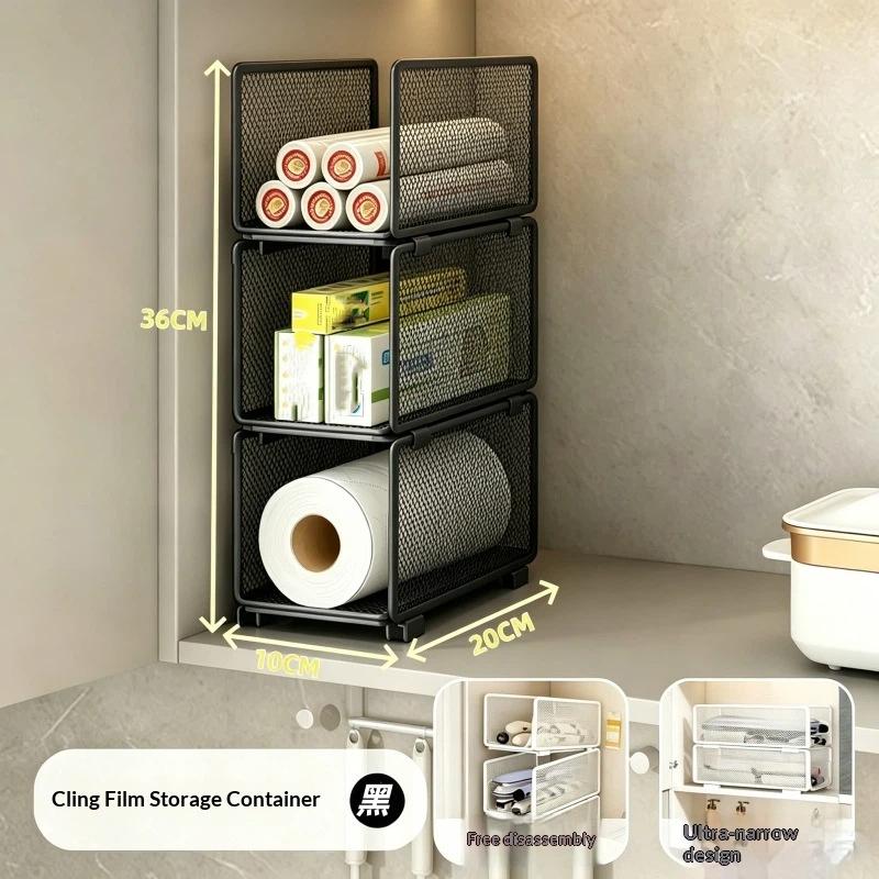 Stackable Kitchen Storage Baskets Easy Install Pantry Racks for Spices Plastic Wrap Paper Towel Kitchen Organization