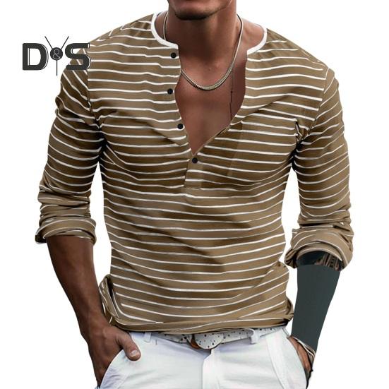 Fall Spring Men Top V Neck Striped Print Color Matching Long Sleeves Pullover Mid Length Casual Daily Wear Work Shirt