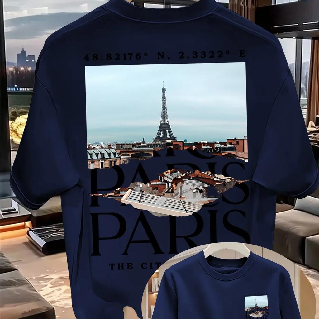 Retro Torn Paper Eiffel Tower Coordinates City Landscape Pattern Mens Cotton Tshirt Breathable Loose Souvenir Top