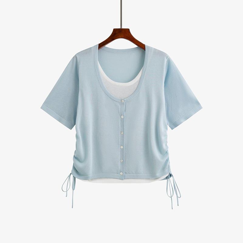 Plus Size Women's Summer Design Sense Fake Two Drawstring Knit Short Sleeved Tops