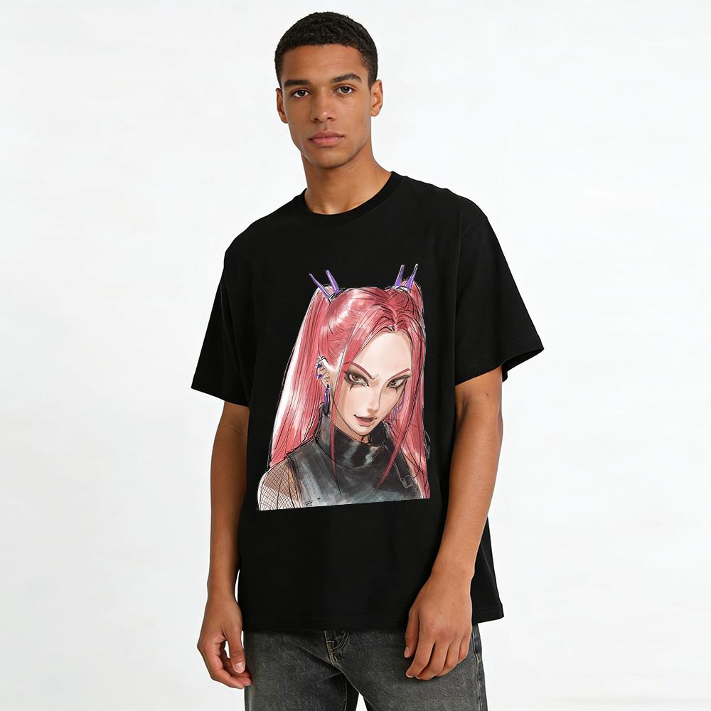 Cyberpunk-Stil Rothaariges Anime-Mädchen Print-Oberteil Cool Trendiges Streetwear Unisex-T-Shirt Reines Baumwoll-T-Shirt