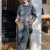 Early Autumn Slimming Two-Piece Set: Polo Collar Hoodie & Sweatpants - Cotton Casual Sport, Loose & Thin Fit