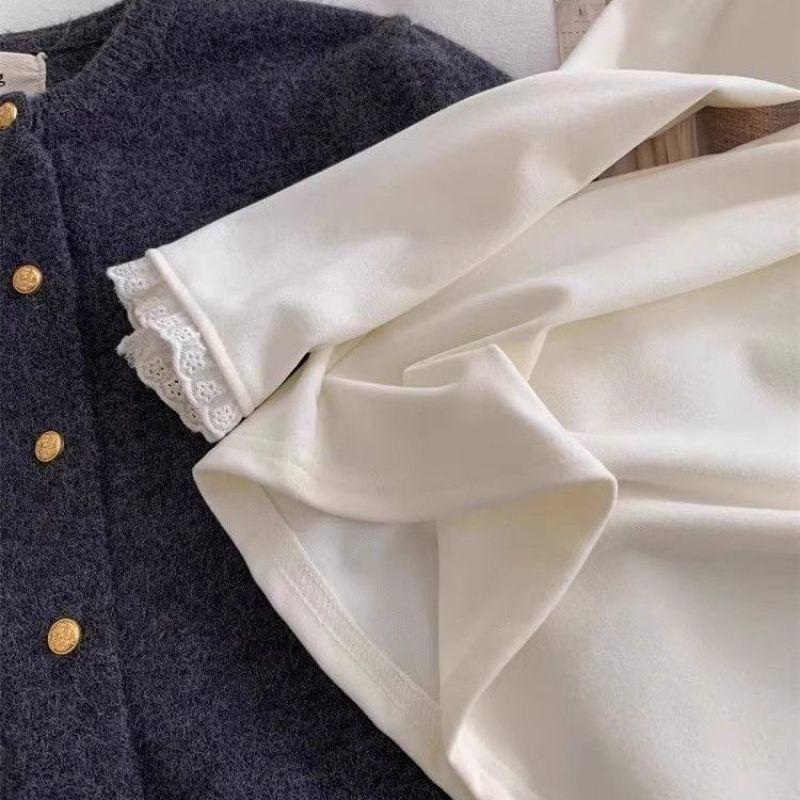 Women's Long Sleeve Fleece Lace Patchwork Slimming Base Layer Top for 2026 Autumn/Winter