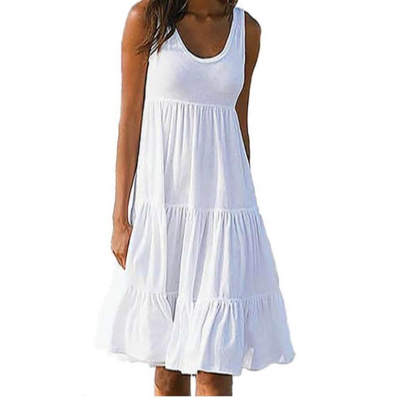 IHUASU Fashion Summer Spring Solid Color Print Sleeveless U-Neck Casual Dresses