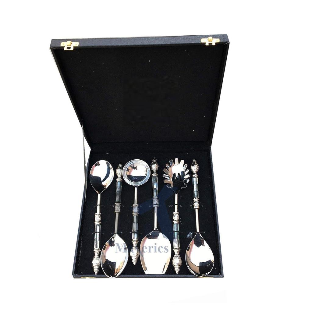 Black Mother of Pearl (MOP) with Round Emboss Aluminium Handle Serving Spoon (6 Piece)