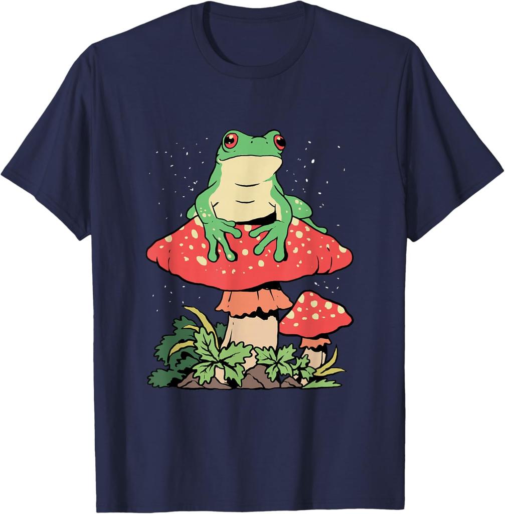 Frog on Mushroom Cottagecore Aesthetic Graphic Tee Men Casual Summer Trip T-Shirt