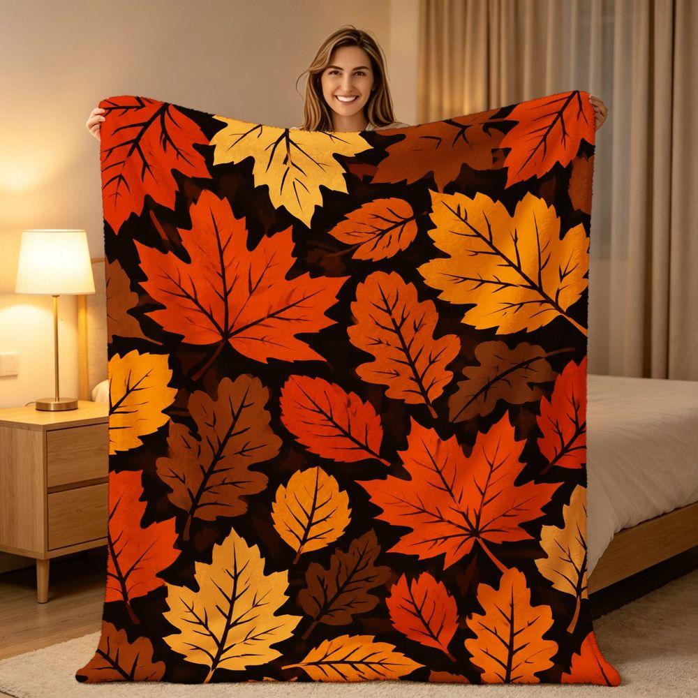 Cozy Autumn Leaf Print Flannel Throw Blanket Soft Decorative Blanket for Bed Sofa Living Room Warm Fall Theme Bedding Seasonal Home Decor Gift for Fri