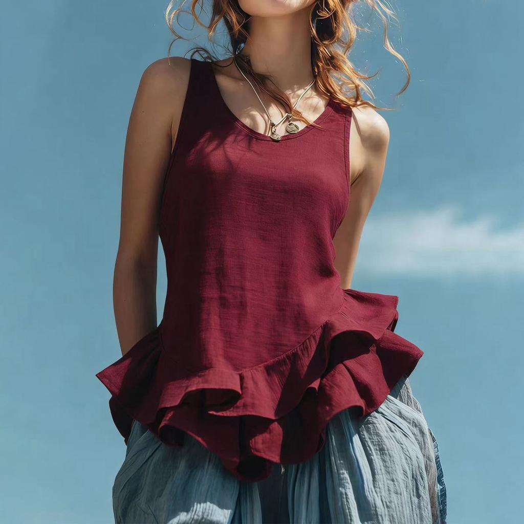 Women Sleeveless Casual Peplum Hem Top Round Neck Relaxed Fit Ruffle Bottom Blouse Lightweight Tank Shirt for Daily Wear