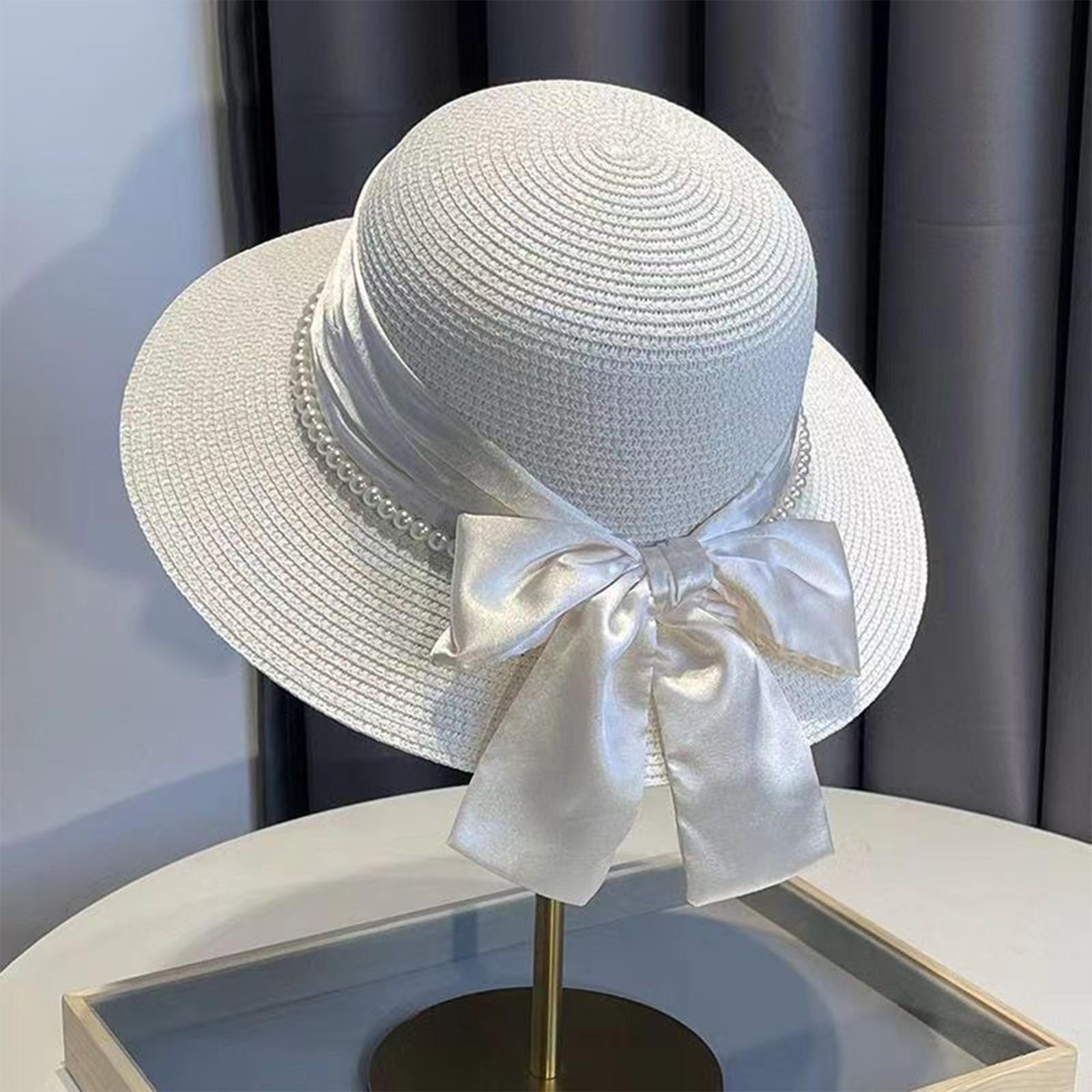 

Ladies French Elegant Silk Ribbon Bow Pearl Grass Hat Dome Beach Versatile Top Hat One Size