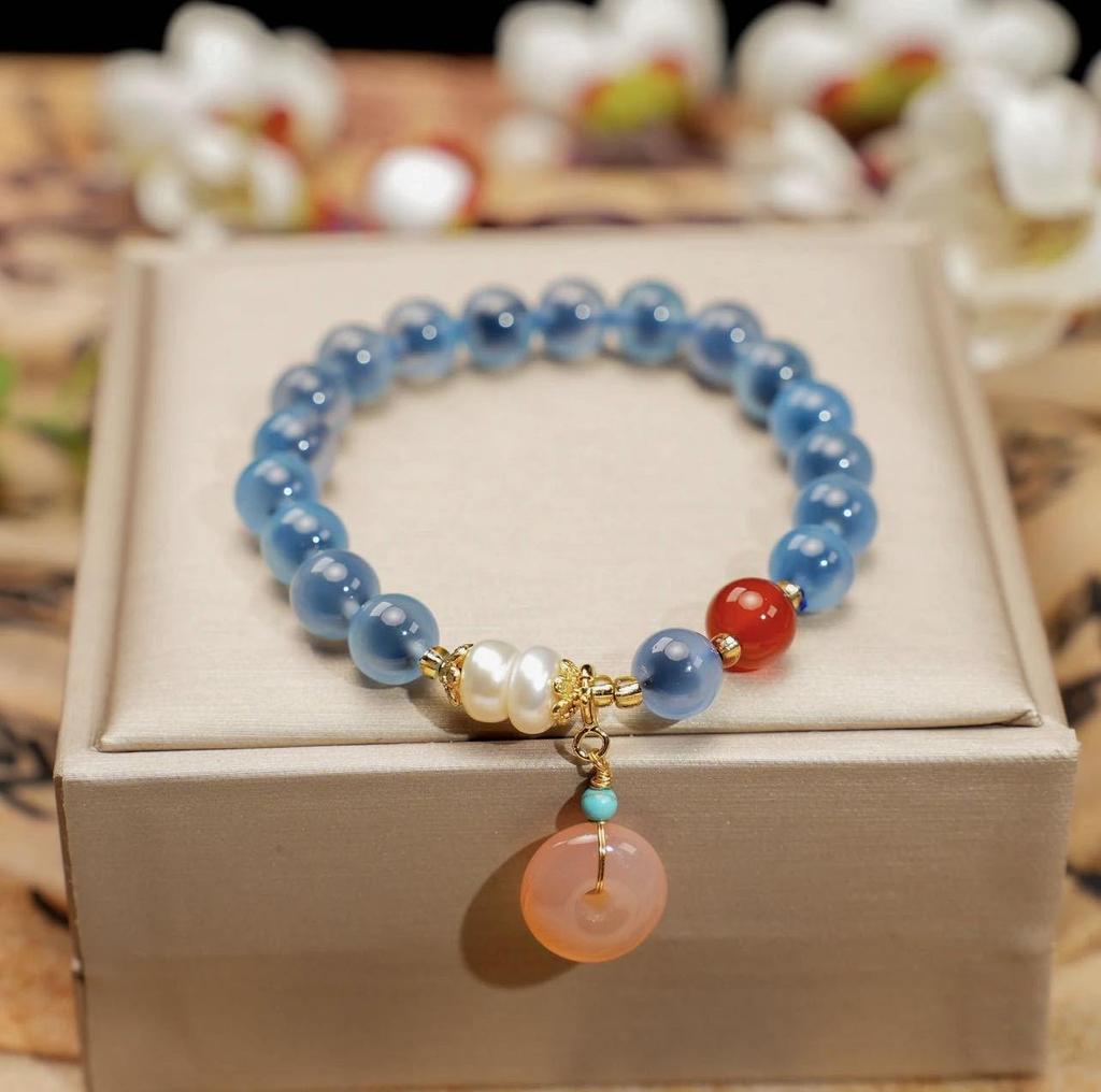 Bracelet de Perles en Agate Naturelle et Cristal Autrichien - Bijou Vintage Haut de Gamme pour Femme