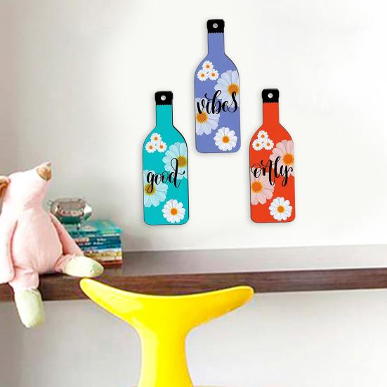 3 Pcs Wooden Wine Bottle Wall Art Good Vibes Only Wall Hanging Ornament Vintage Floral Bottle Sculpture for Walls Doors Entrances Home Decor