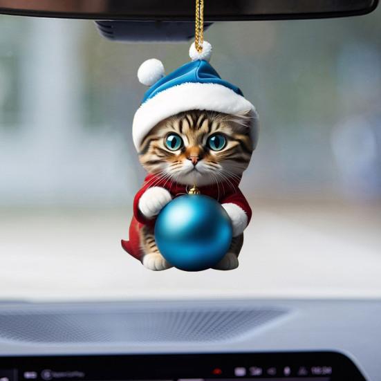 Christmas Cat Ornament Xmas Tree Decor Hanging Backpack Keychain Acrylic Holiday Accessory for Car Rearview Mirror Window Bag Key