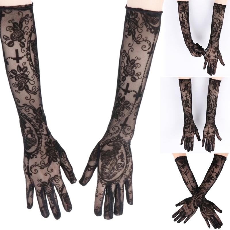Lace Gloves Skeleton Crosses Design Role Playing Glove For Halloween Costume Parties And Gothic Fashion Accessories