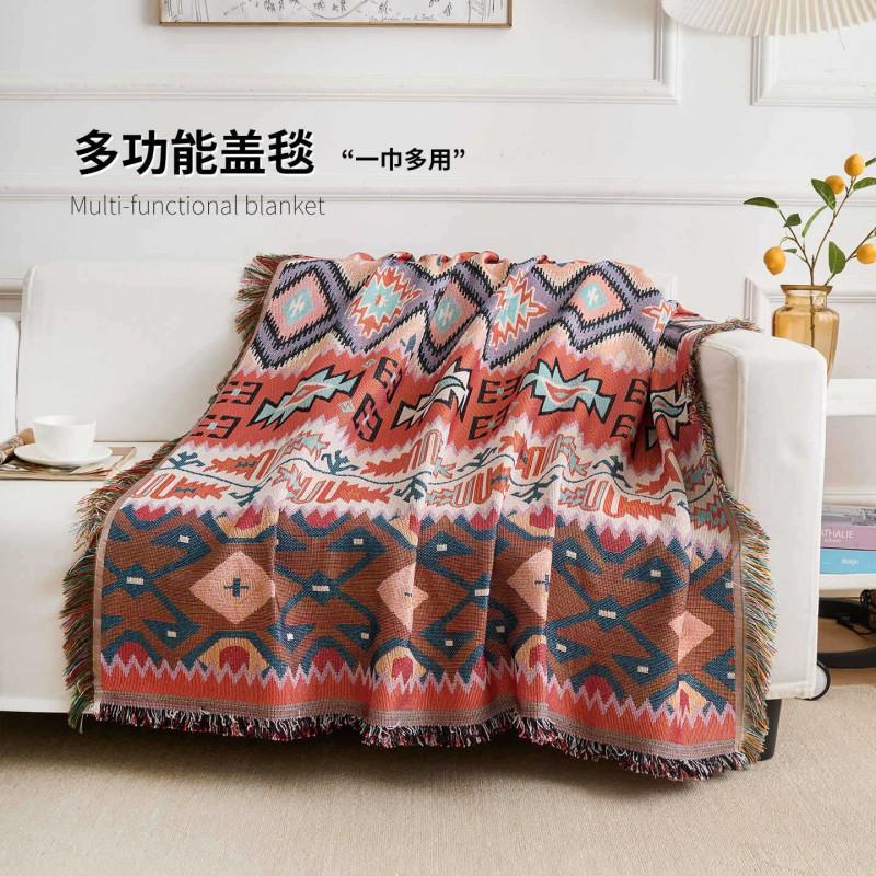Bohemian Ethnic Cotton Blend Knit Sofa Throw Cover Slip-Resistant Thick Decorative Blanket Living Room