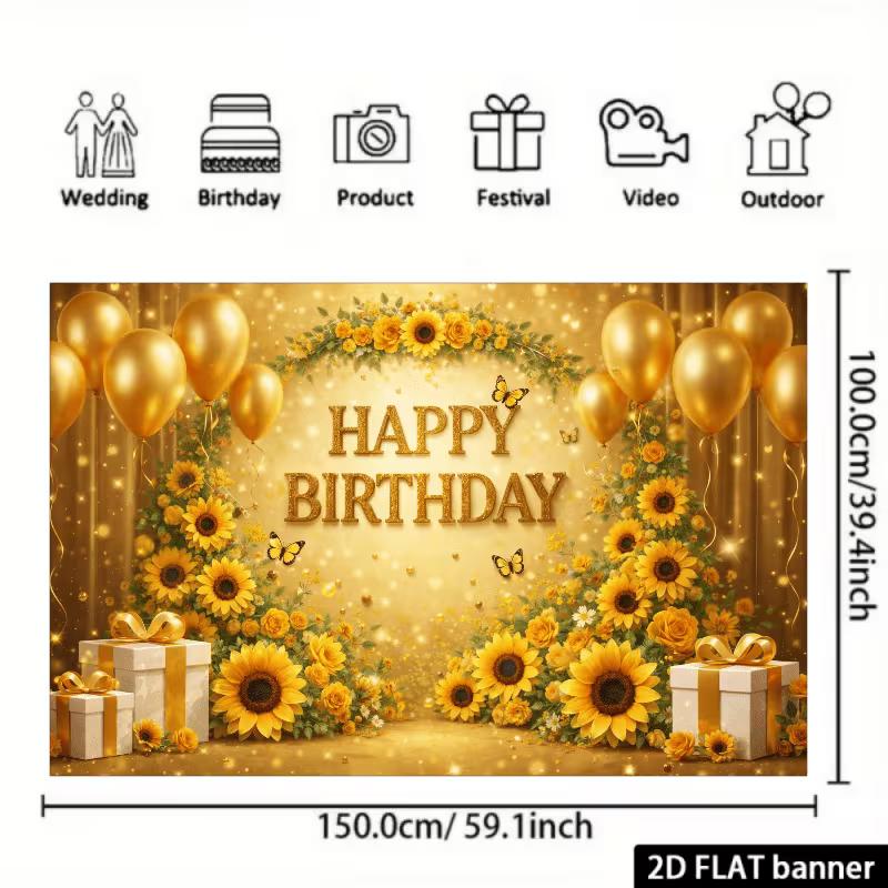 2D Sonnenblume Gold Geburtstag Fotografie Hintergrund mit Ballons & Geschenken