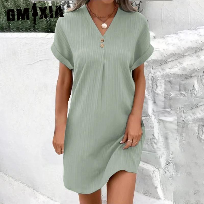 GMXIA Kvinnemote Sommer Våren Ensfarget Print Kortermet V-hals Høy midje Uformelle kjoler