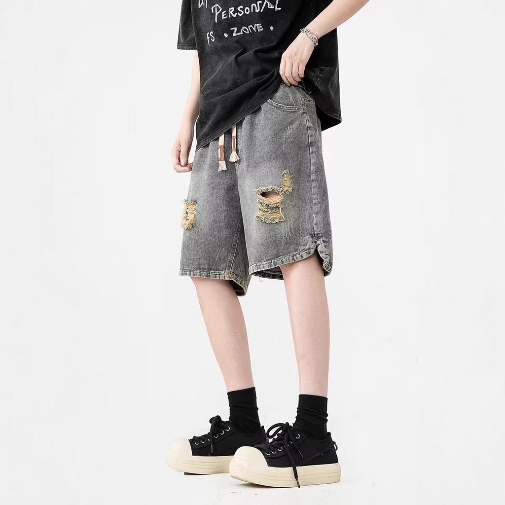 American high street denim shorts men's loose washed trend straight versatile sports ripped casual five-point pants