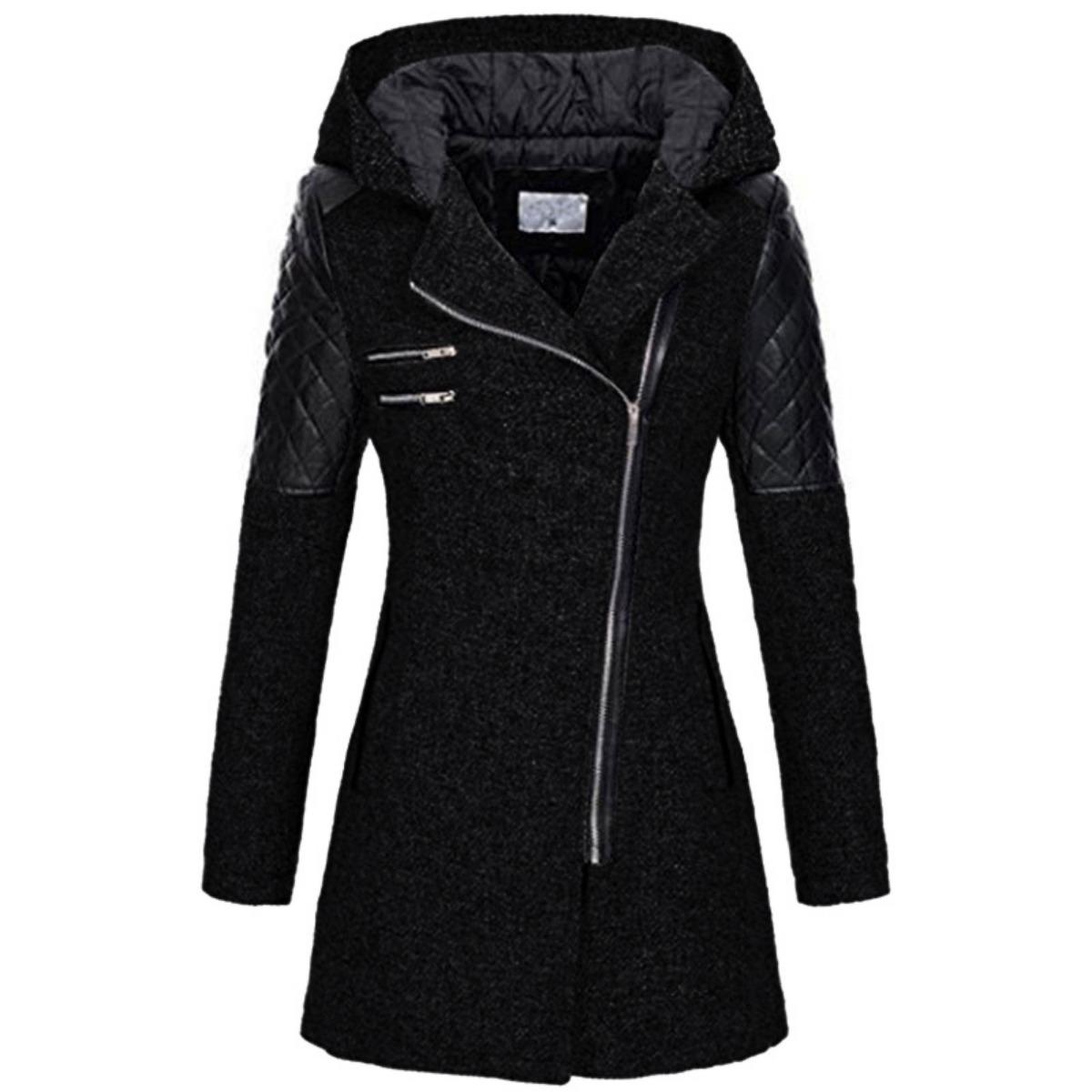 Women s Fall Winter Mid-length Hooded Loose Asymmetric Zipper Thick Woolen Cotton Padded Coat S чёрный