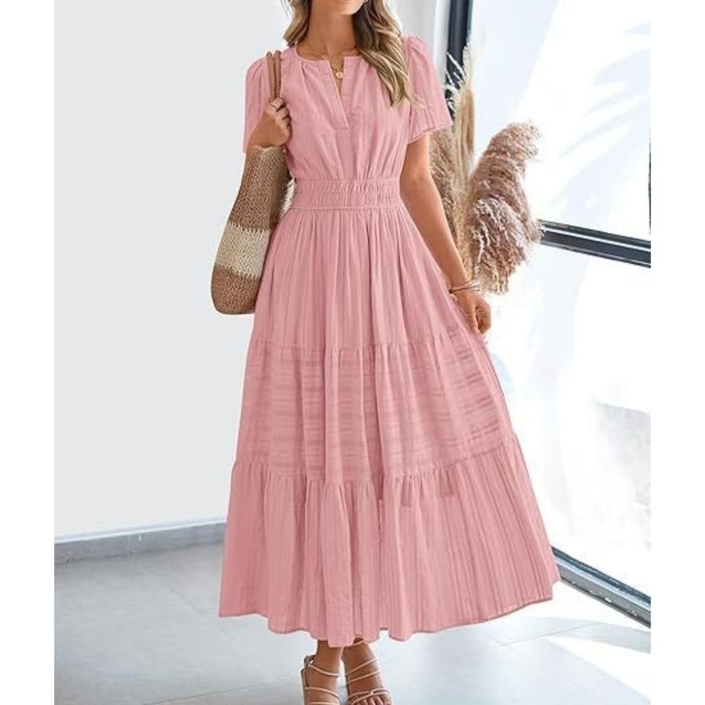 Women V-Neck Maxi Dress with Ruched Puff Sleeves for Casual Summer Wear