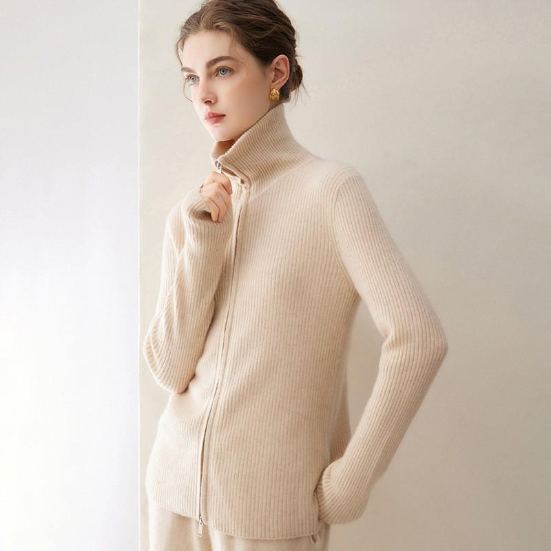Womens Thick Cashmere Knit Cardigan With High Neck Dual Zippers Fall Winter Loose Fit Long Sleeve Outerwear