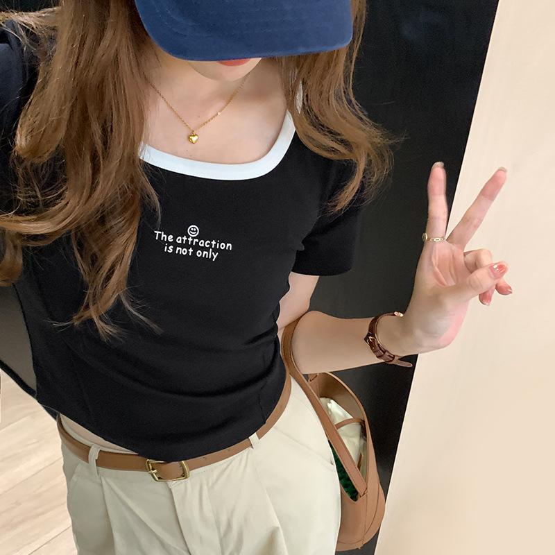 

Дизайн с принтом букв, чувство контрастного цвета, футболка с круглым вырезом и коротким рукавом, женская летняя новая приталенная футболка-топ XL чёрный