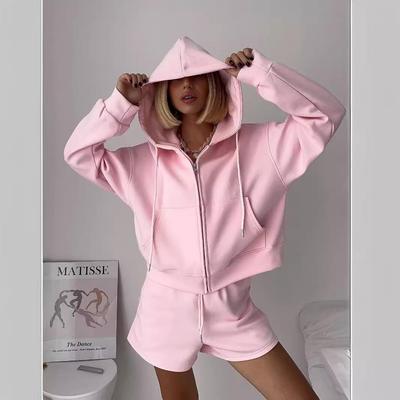 Women's Spring/Summer Pink Hooded Sweatshirt & Shorts Set - Trendy, Youthful Casual Two-Piece