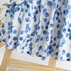 Korean Style Summer Autumn Women Midi Skirt High Waist Blue Floral Print Vintage Skirt Cotton Linen Retro A-Line Soft Skirt