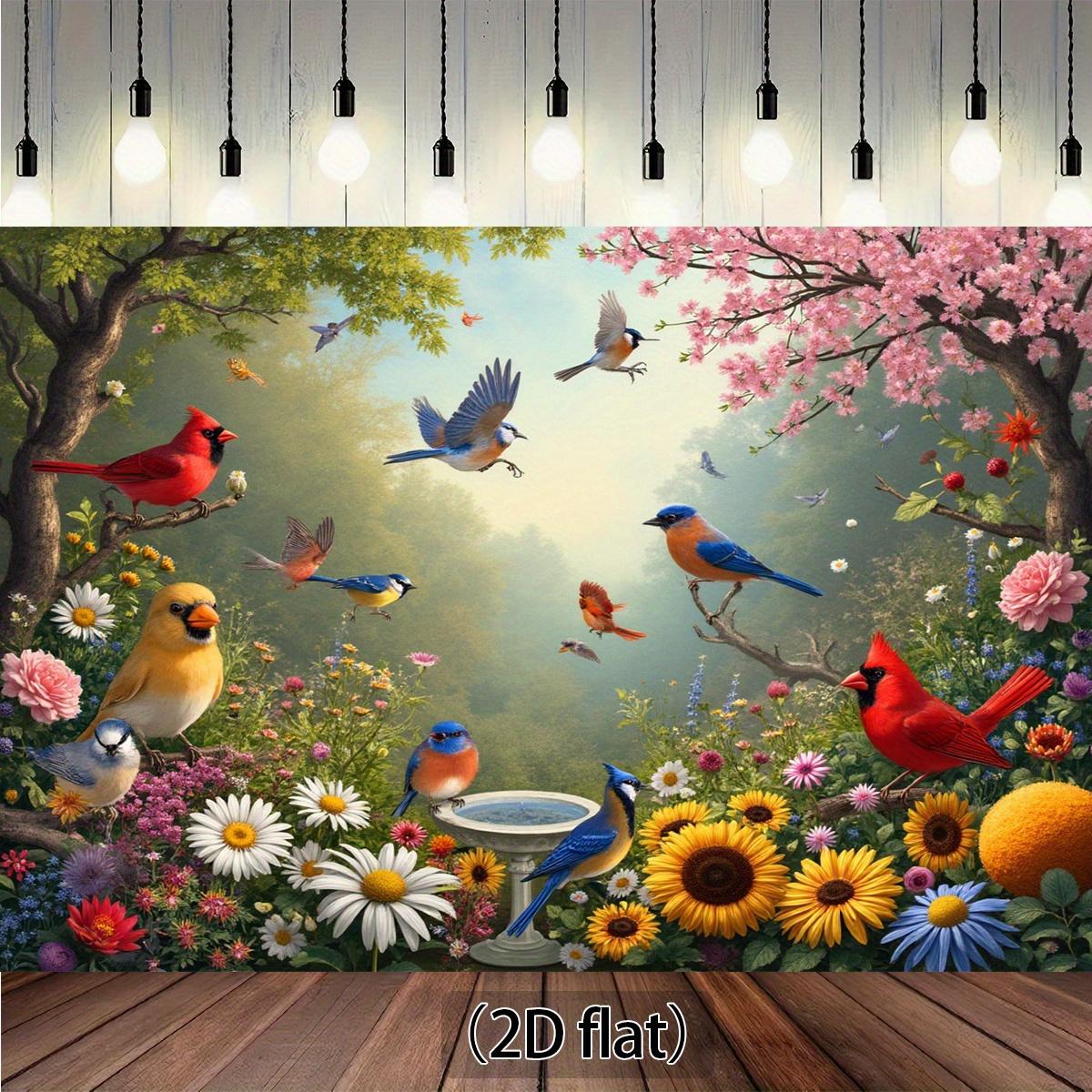 2D plane 1 piece - Spring Garden Birds and Flowers - Birds on the branches and blooming flowers (as the picture,100x150cm)