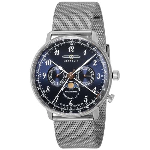 

Zeppelin Hindenburg Watch, Navy Dial, Stainless Steel, Quartz, Moonphase, 40mm, German Model 7036-M3, Men s, Silver