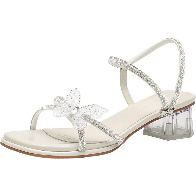 ZHR Women s Transparent Crystal Bow Chunky Heel Sandals EU 36
