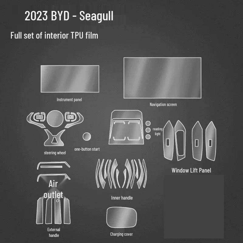 25-Modell BYD Seagull Innenraum Armaturenbrett, Navigationsbildschirm & Schalthebel HD Schutz-TPU-Folie.
