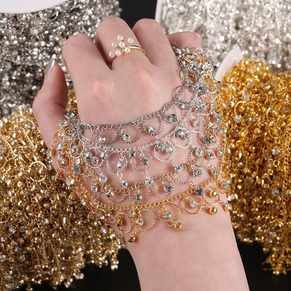 1 meter Copper Handmade Chain With White Rhinestone Pendants for DIY Necklaces Bracelets Waist Chains Jewelry Making Chains