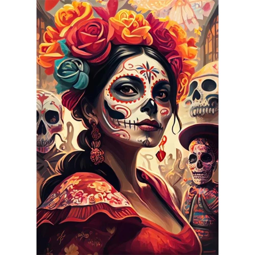 Festive and Mysterious Mexican Girl Day of Dead Gothic Sugar Skulls Canvas Painting Posters Prints Wall Art Picture Home Decor