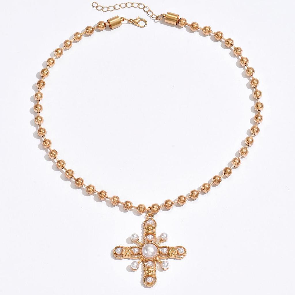 European & American Retro Imitation Pearl Cross Pendant Necklace - Luxurious Beaded Women's Accessory