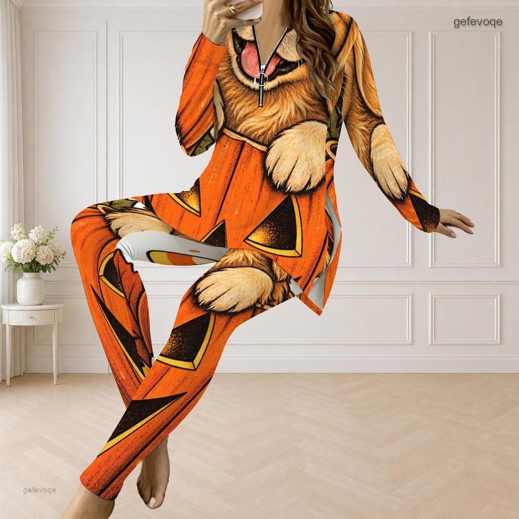 Women Plus Size Front Zip Long Sleeve Cartoon Raccoon Print Two Piece Pants Set