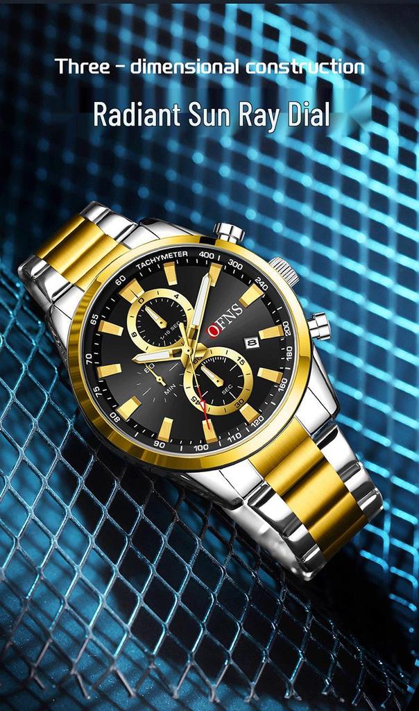 OFNS 3D Sun Dial Quartz Watch: Luminous, Waterproof, Multifunctional Men's Timepiece with Three-Eye, Six-Needle Design and Calendar.