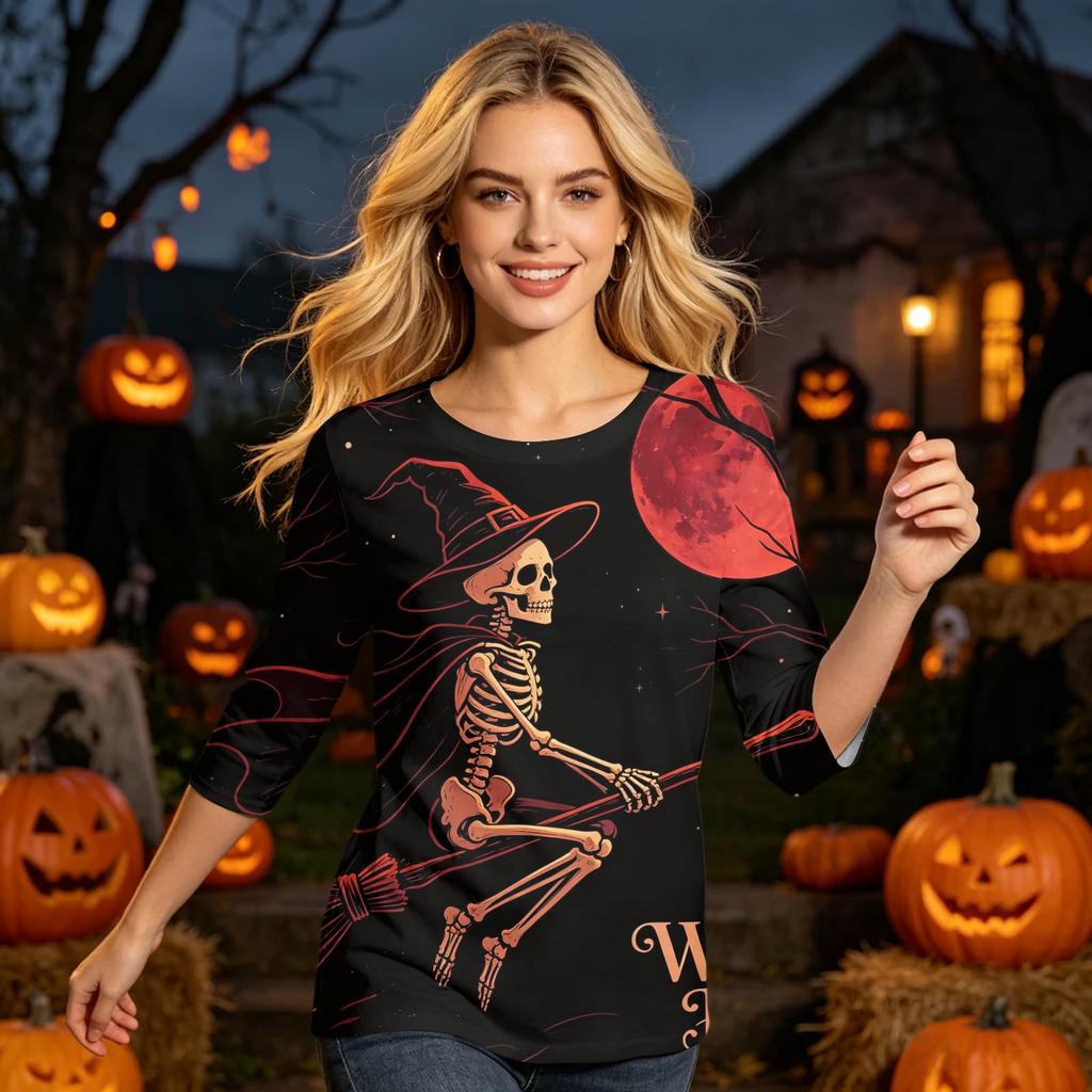 Women's Casual Halloween Graphic Top Three Quarter Sleeve Round Neck Shirt Lightweight Soft Fabric Comfortable Fit