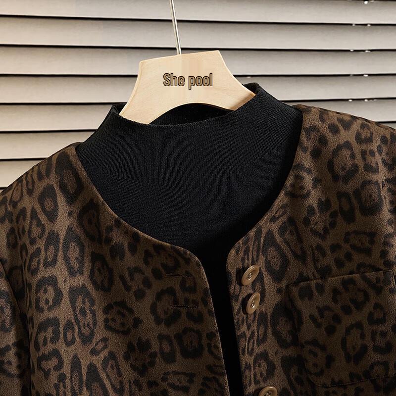 Women's Leopard Print Patchwork Round Neck Short Jacket