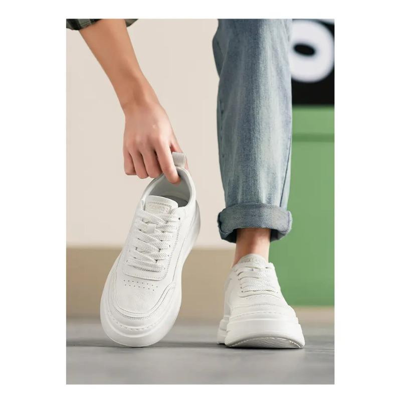 Men White Platform Sneakers Lace-up Casual Shoes Lightweight Comfortable Walking Shoes