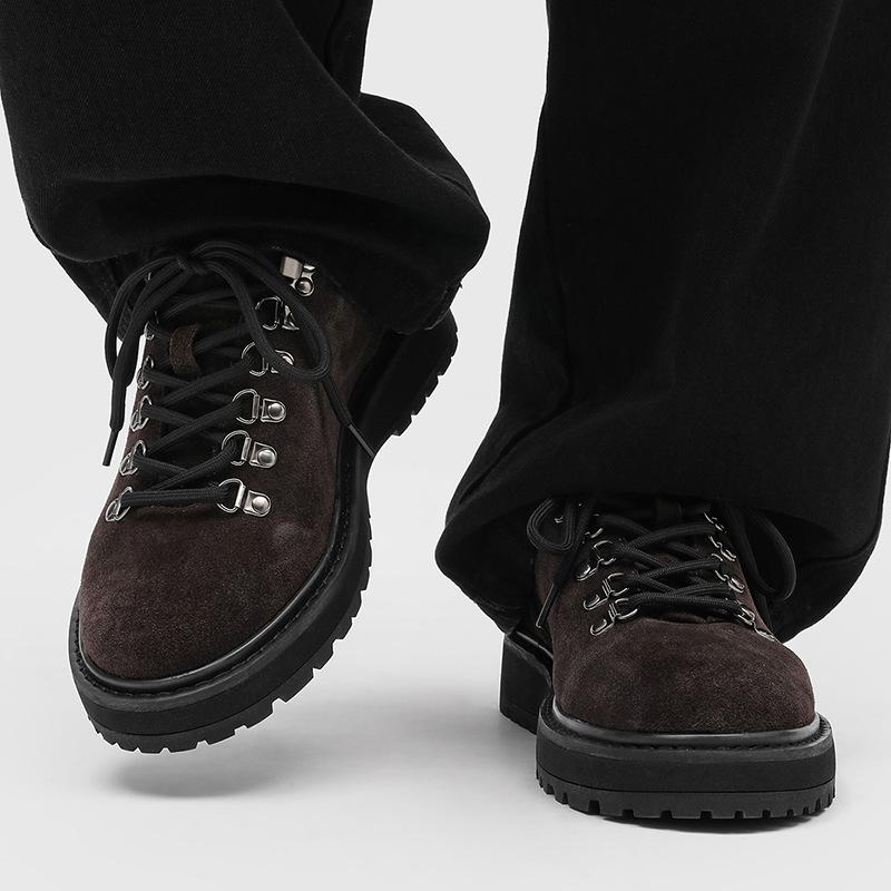 Platform tooling shoes round head hiking shoes men's outdoor derby shoes lace-up heightening British men's shoes-J