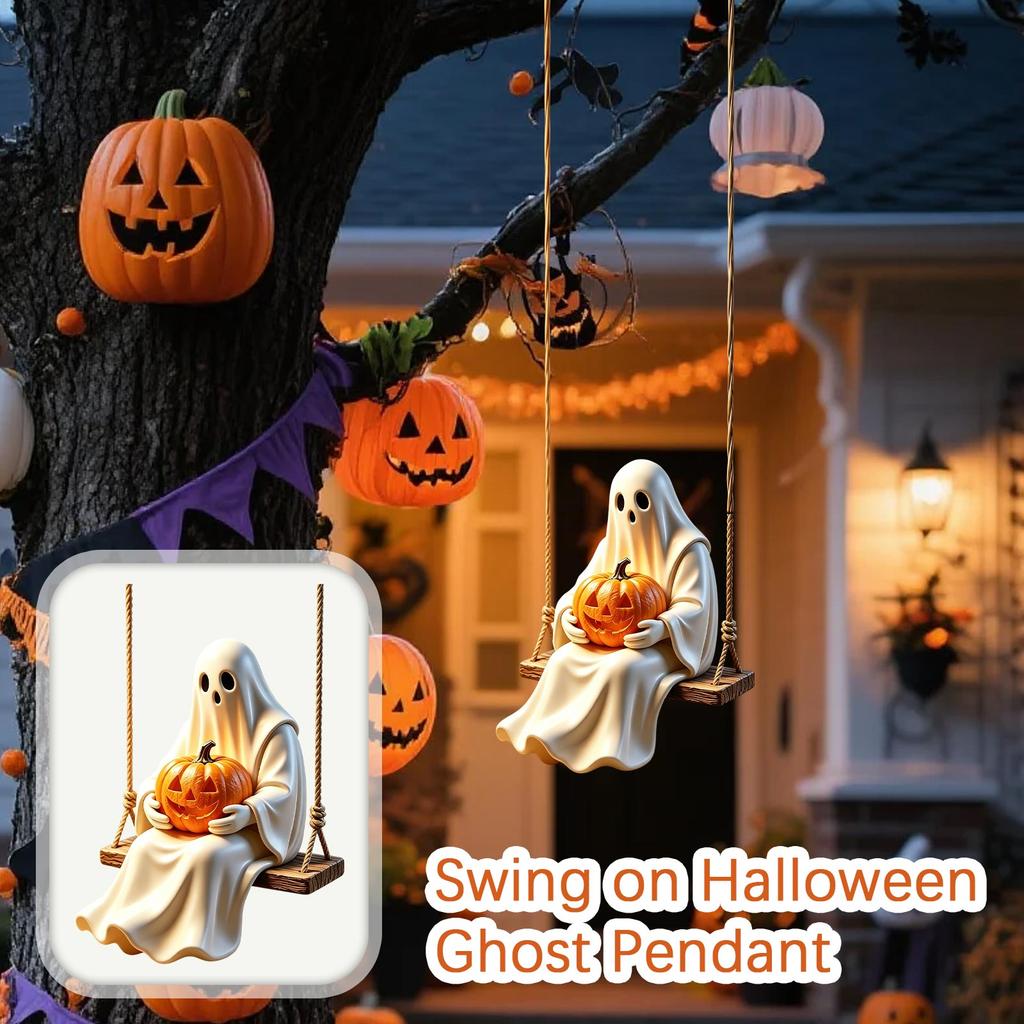 Swinging Ghost Hanging Decoration with Jack O Lantern for Indoor Outdoor Halloween Scene Setup Party Prop Ornament