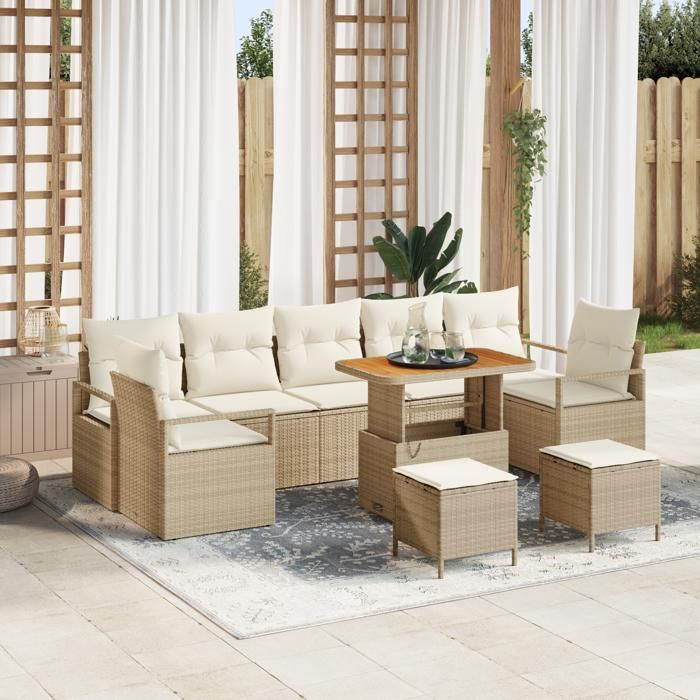 Ensemble de 10 Pièces de Sofa de Jardin avec Coussins Beige Rattan Poly Acacia, Sofa de Jardin 2 Places avec Rangement 3364461