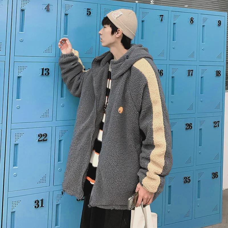 Men's Hong Kong Style Lamb Wool Hooded Jacket: Loose, Versatile, Trendy Korean BF with Plus Velvet for Autumn & Winter.