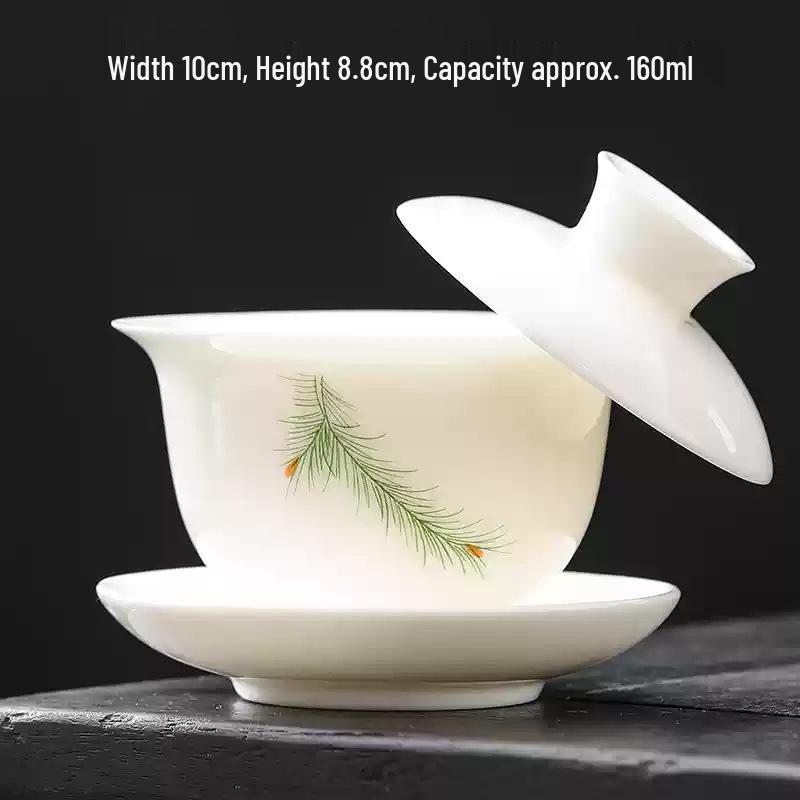 High-Grade Mutton Fat Jade Rotating Lid Bowl and White Porcelain Teapot Set