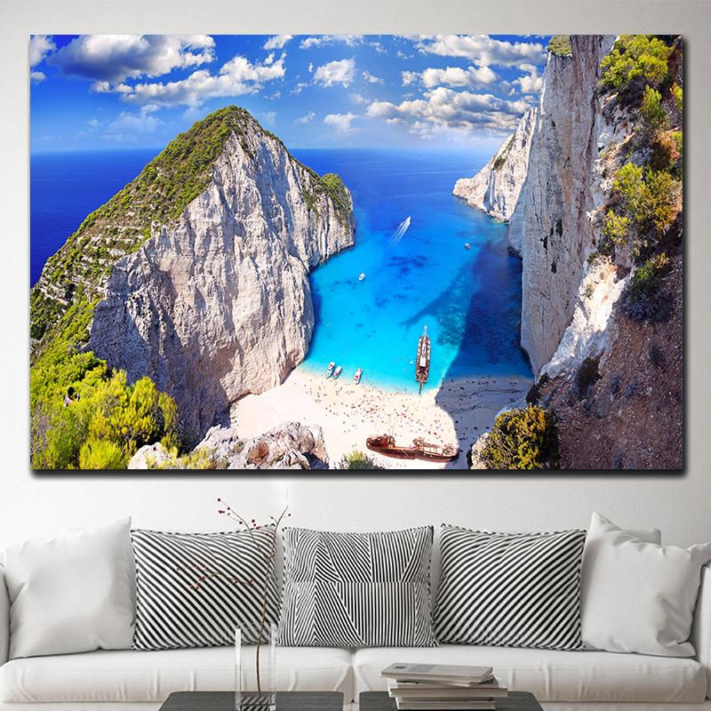 Zakynthos Island Greece Landscape Canvas Painting Navagio Beach Seascape Ocean Posters and Prints Wall Art Wall Decor Cuadros